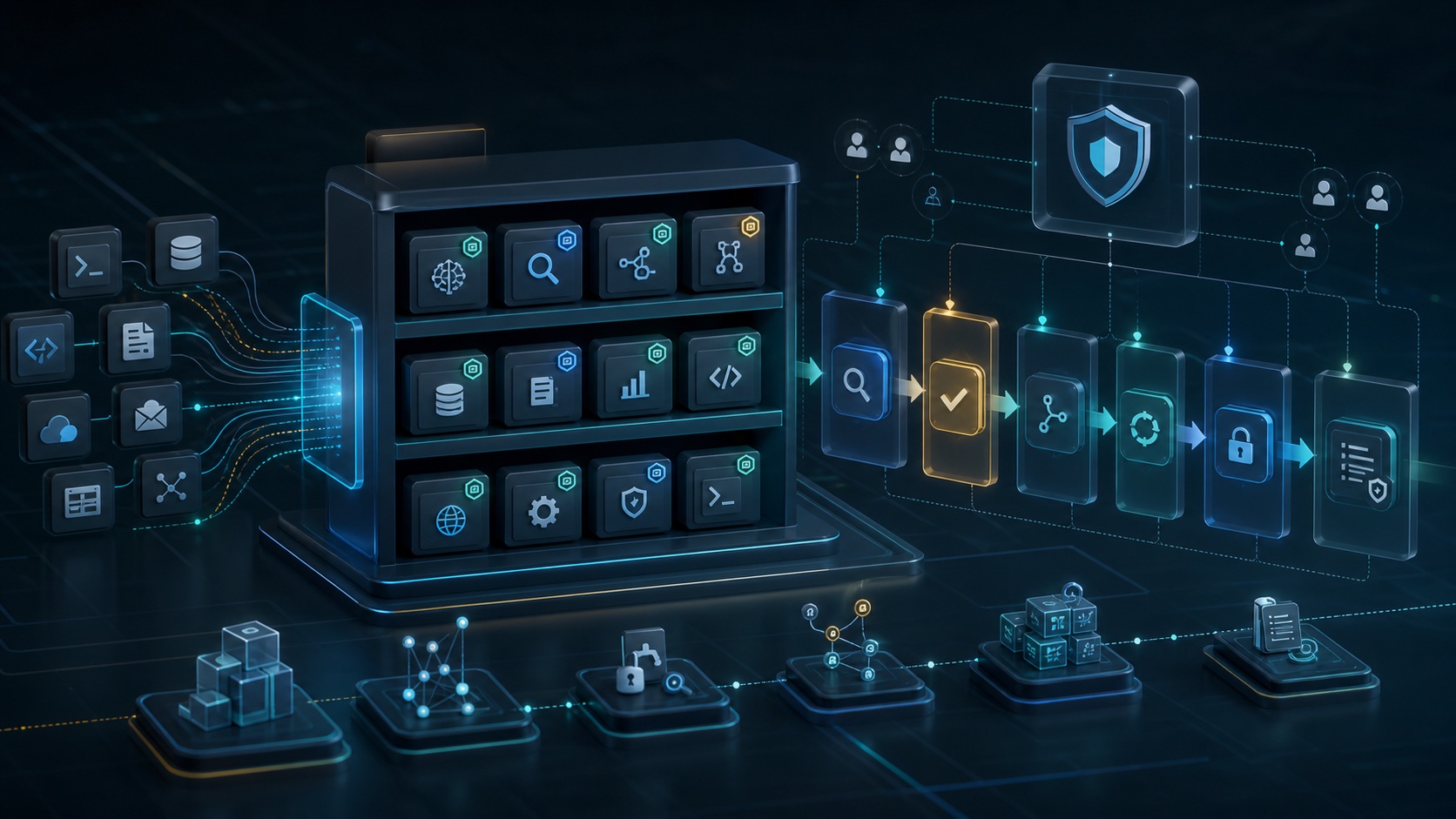 AI generated visualization of AI agent skill governance with review, approval, versioning, permissions, and audit controls