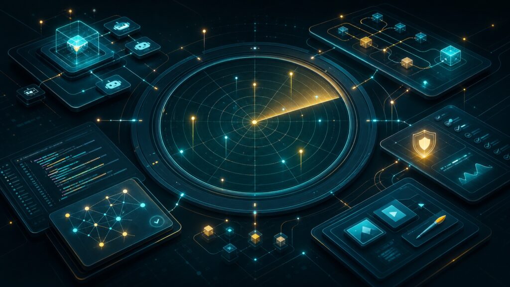 AI generated editorial radar dashboard showing launch signals for AI agents, coding tools, model routing, and workflow infrastructure