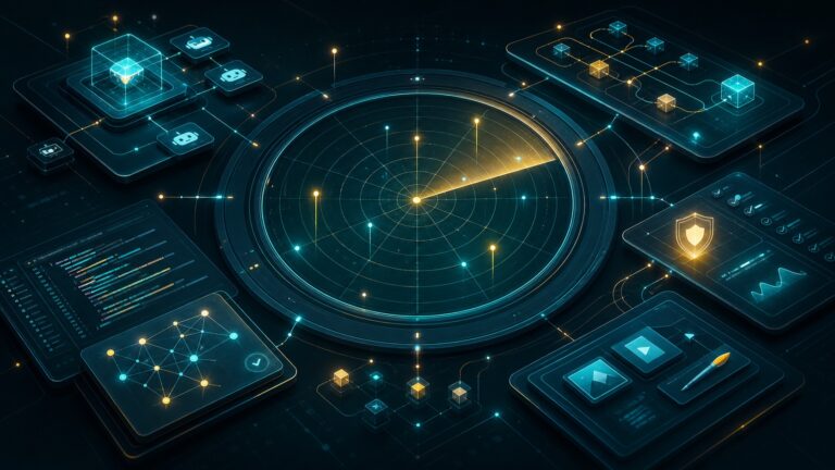 AI generated editorial radar dashboard showing launch signals for AI agents, coding tools, model routing, and workflow infrastructure