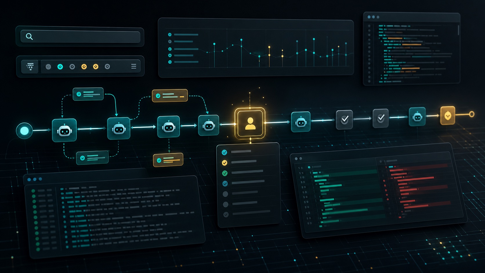 AI generated visualization of coding agent session timelines, logs, status checkpoints, and review loops