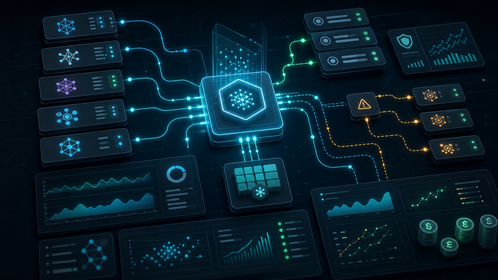 AI generated visualization of a production AI gateway routing models with observability, evals, fallbacks, retries, caching, and spend controls