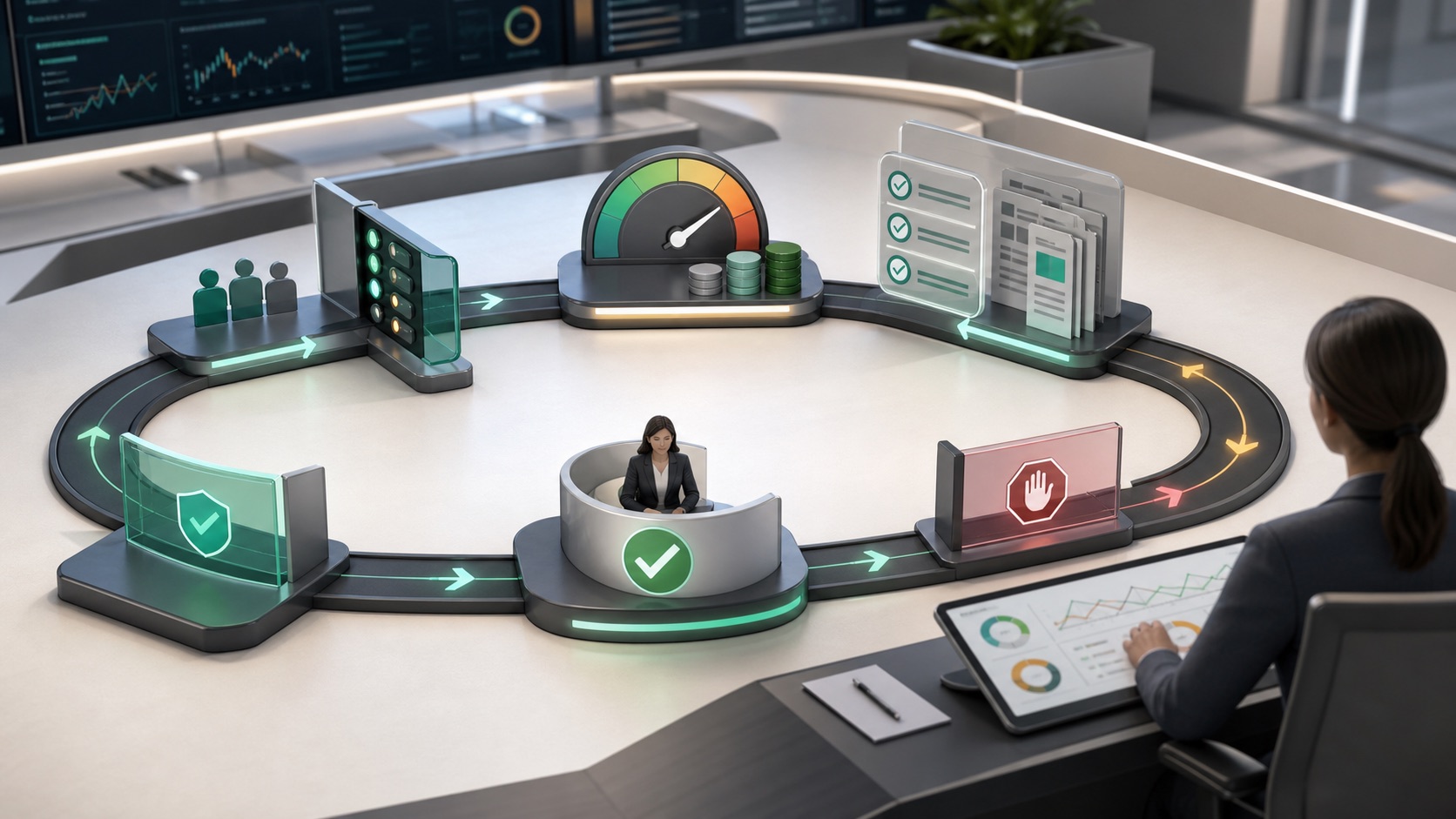Editorial image showing AI agent loop risk controls, permission gates, source checks, budget limits, and human approval.