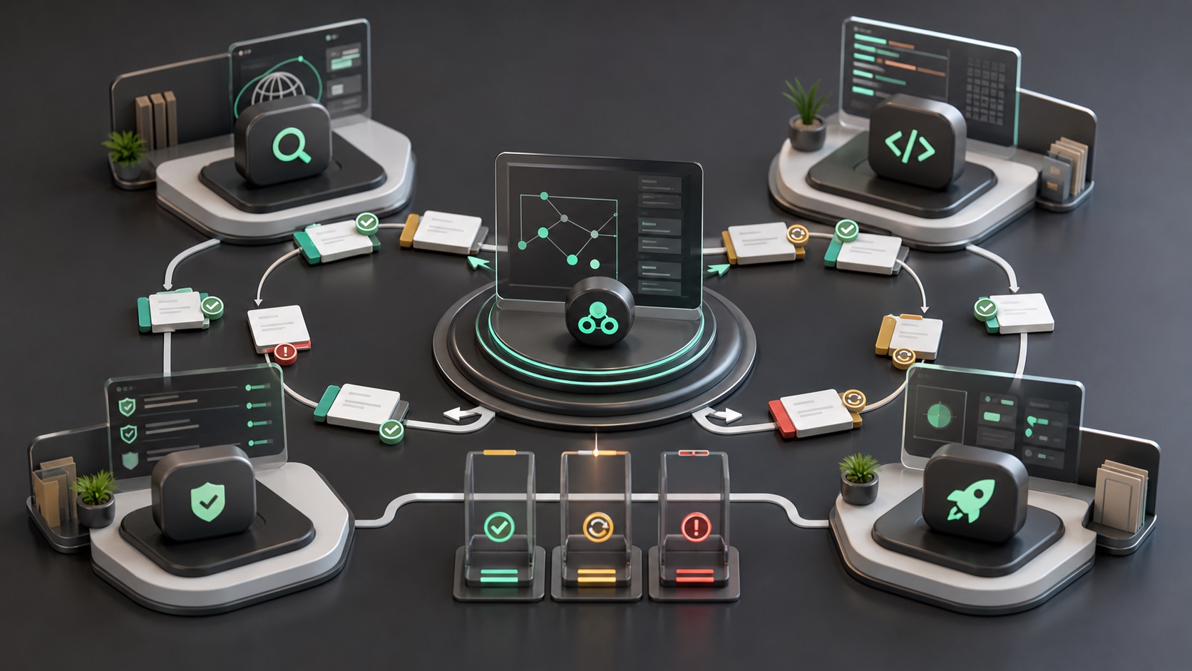 Editorial image showing specialized AI agent workstations coordinating through task cards and review gates.