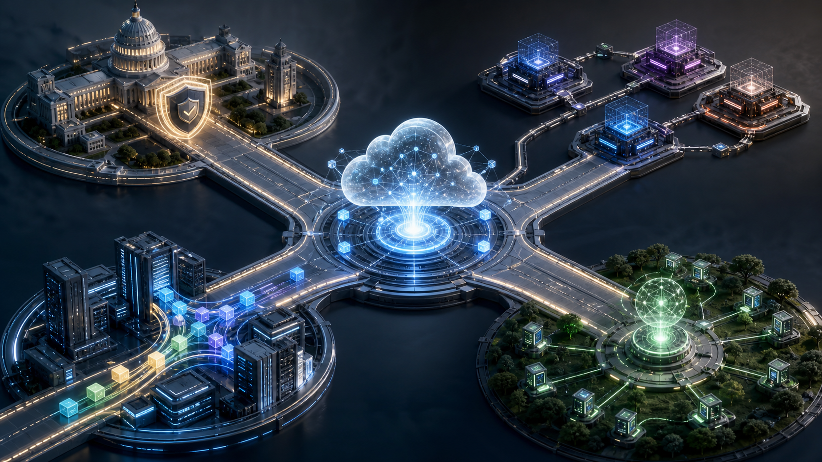 Future scenarios for AI access branching from a central cloud AI hub