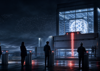 Frontier AI access gate closing in front of a glowing cloud intelligence system