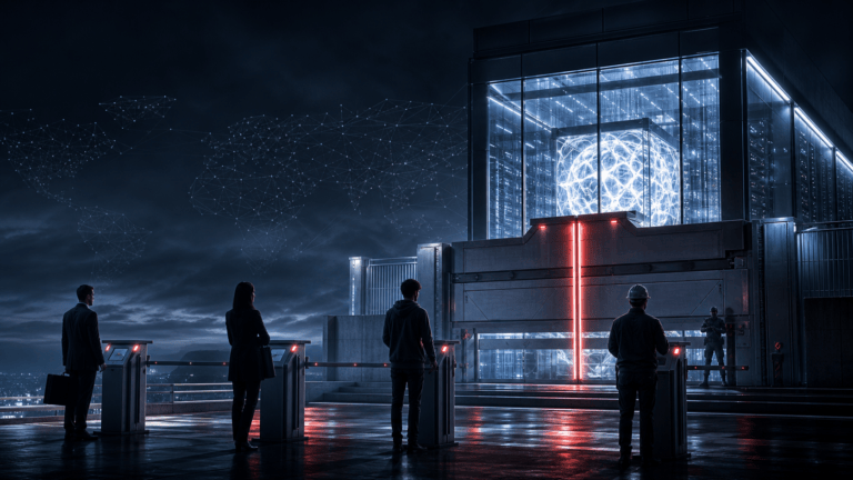 Frontier AI access gate closing in front of a glowing cloud intelligence system