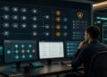 AI-generated editorial image of a human operator supervising AI agent workflows, dashboards, and approval gates in a practical control room