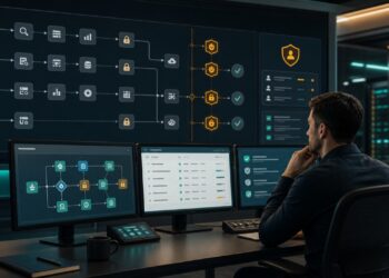 AI-generated editorial image of a human operator supervising AI agent workflows, dashboards, and approval gates in a practical control room