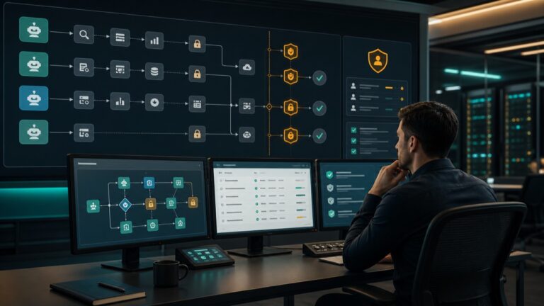 AI-generated editorial image of a human operator supervising AI agent workflows, dashboards, and approval gates in a practical control room