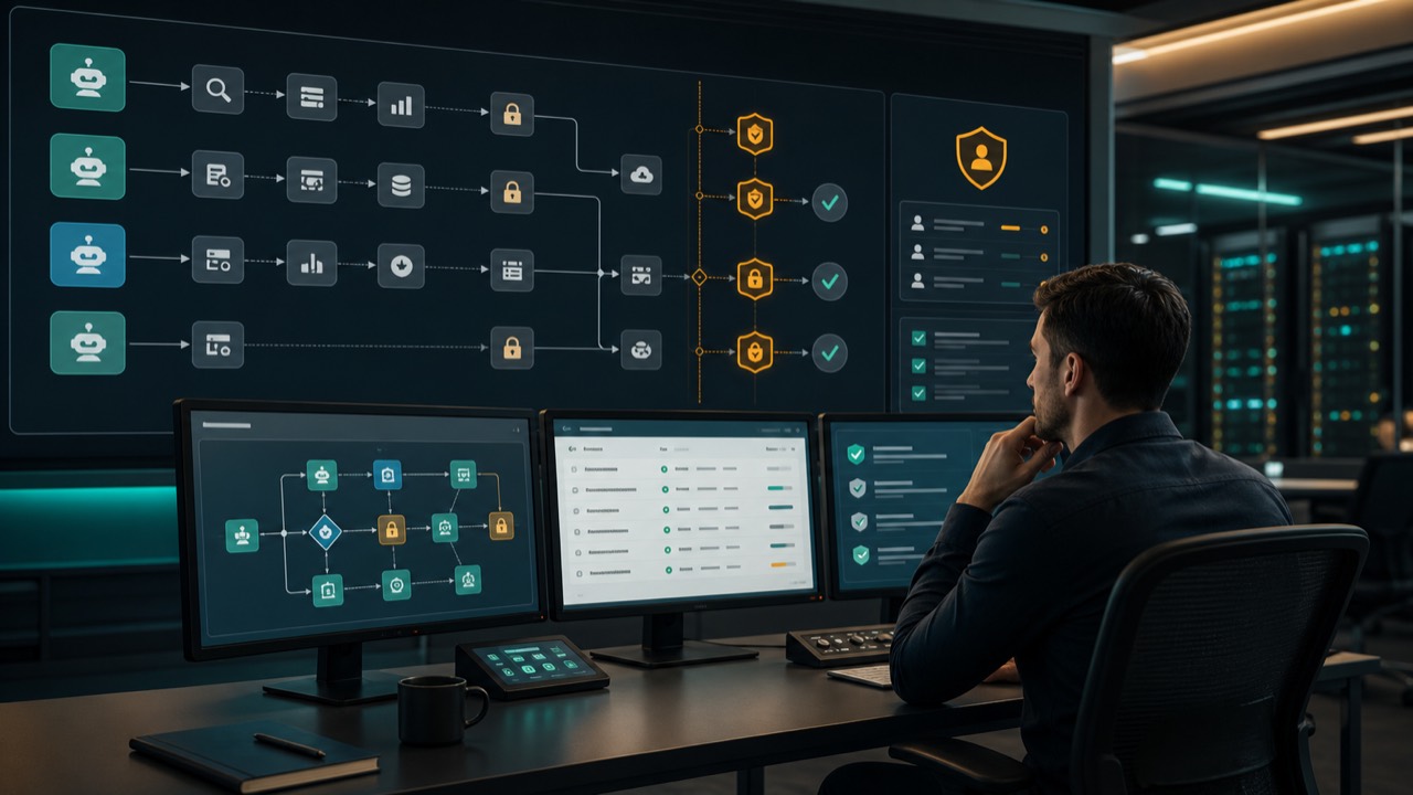AI-generated editorial image of a human operator supervising AI agent workflows, dashboards, and approval gates in a practical control room