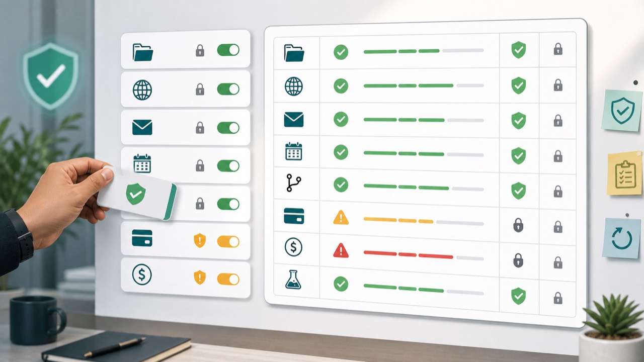 AI-generated editorial image of an AI agent safety checklist with generic permission icons, dashboard controls, and approval markers