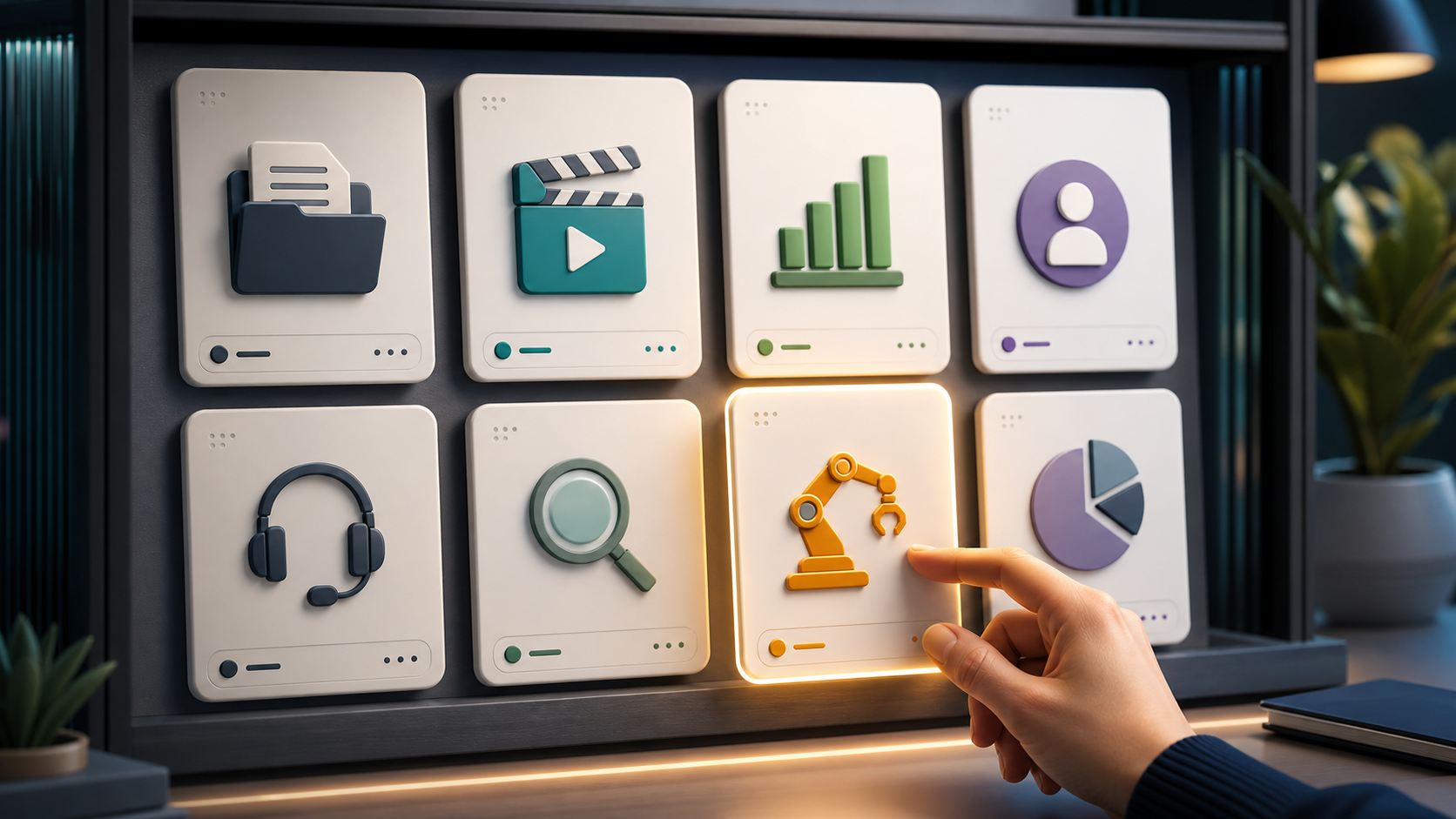 Illustration of an organized AI agent skill library with reusable workflow cards.