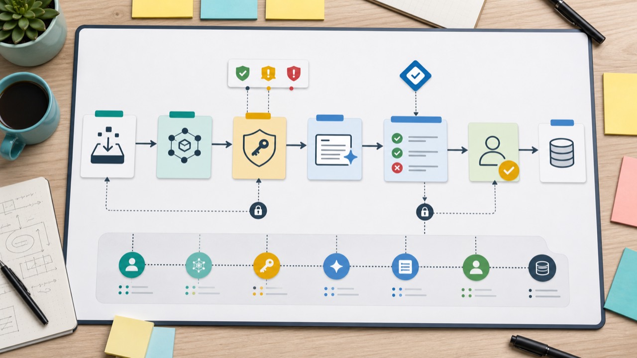 AI-generated editorial image of a supervised AI agent workflow map with tool steps, locks, and approval checkpoints