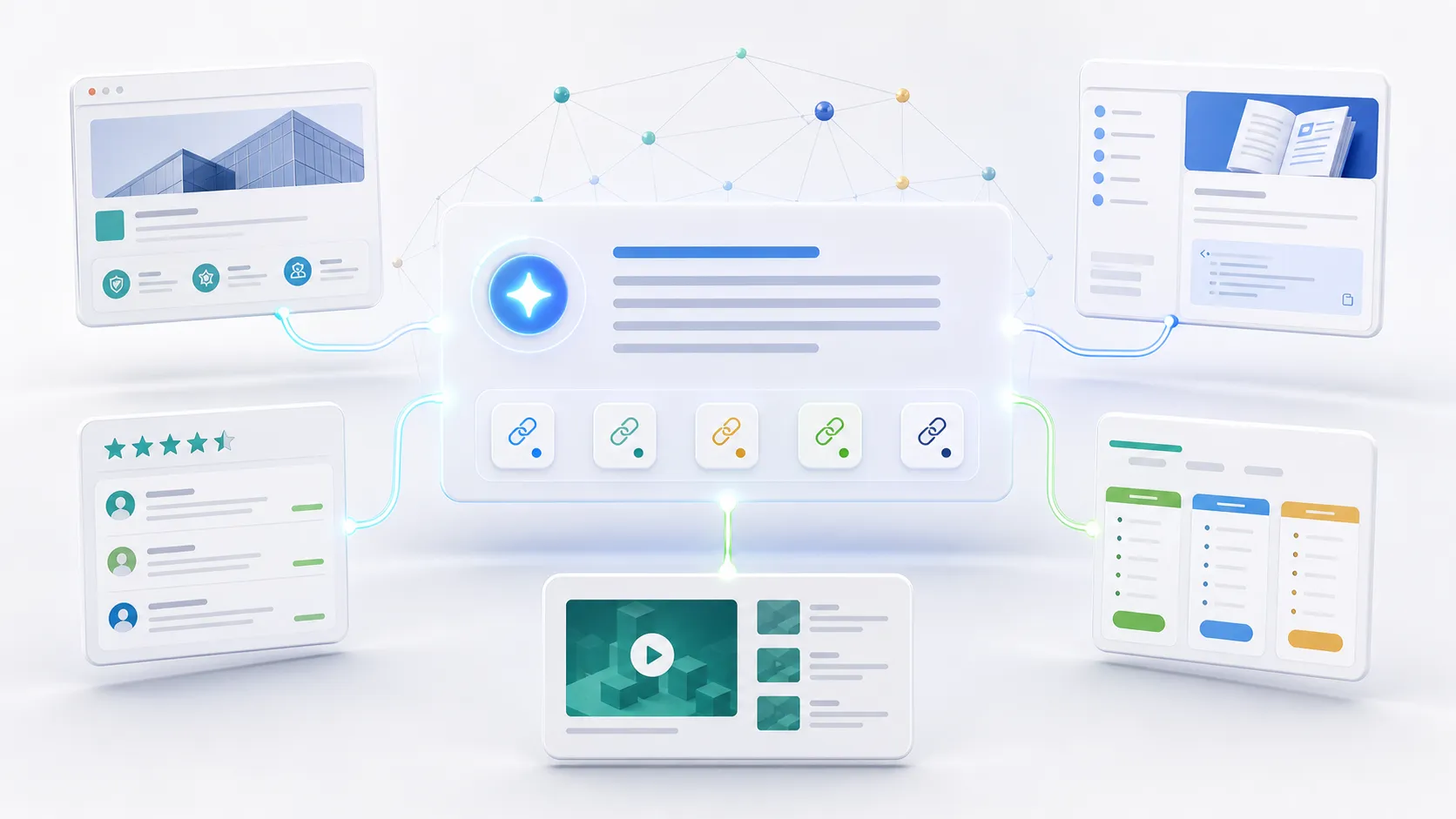 AI-generated answer engine panel connected to source cards for official pages, reviews, docs, pricing pages, and demos.
