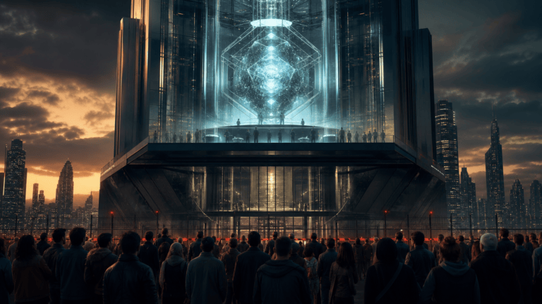 Futuristic elite tower with a glowing AI core above a crowd below, representing the AI aristocracy and the AI underclass.