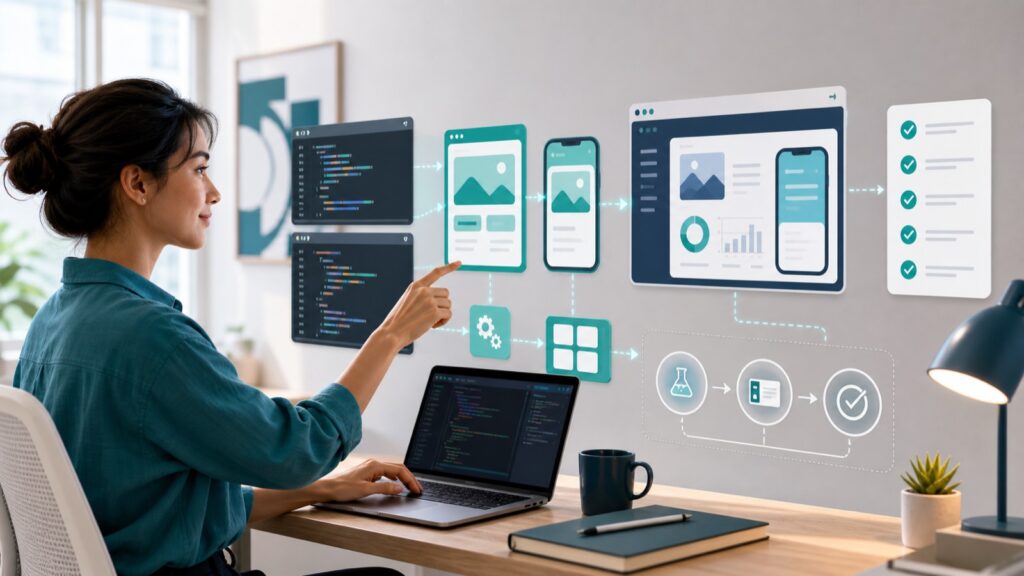 AI generated editorial image of a non-developer guiding AI coding agents to assemble websites, apps, automations, and tests.