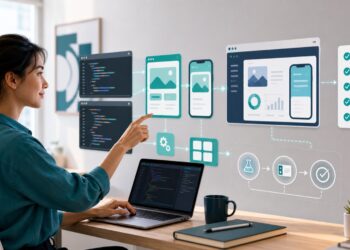 AI generated editorial image of a non-developer guiding AI coding agents to assemble websites, apps, automations, and tests.