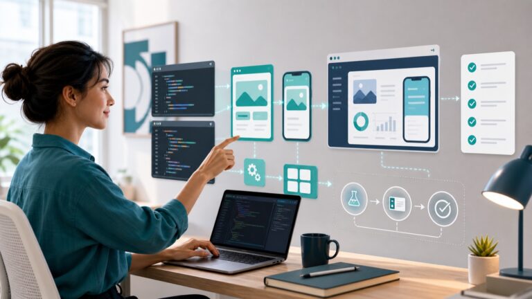 AI generated editorial image of a non-developer guiding AI coding agents to assemble websites, apps, automations, and tests.