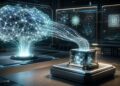 Large glowing neural network teacher model transferring knowledge streams into a smaller compact student AI system.