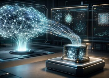 Large glowing neural network teacher model transferring knowledge streams into a smaller compact student AI system.
