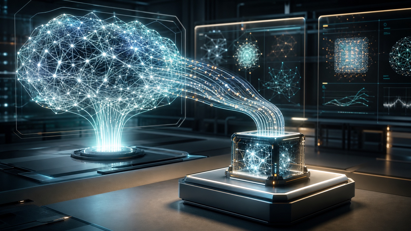 Large glowing neural network teacher model transferring knowledge streams into a smaller compact student AI system.
