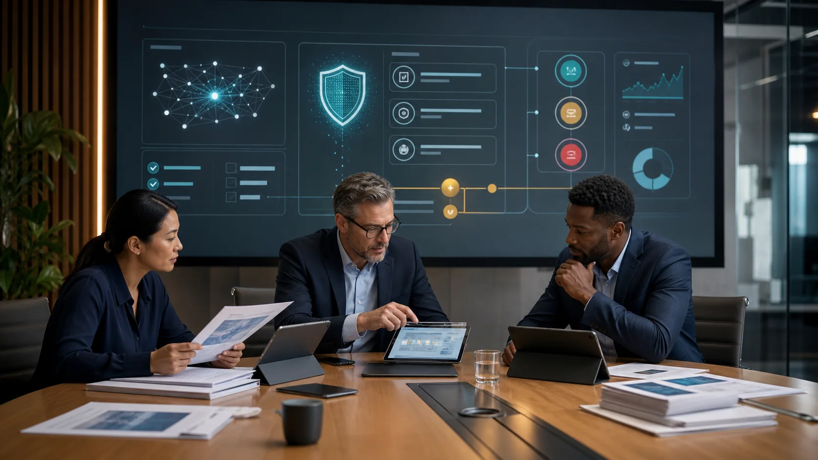 AI-generated editorial image of a team reviewing AI output with privacy, risk, and approval gate controls