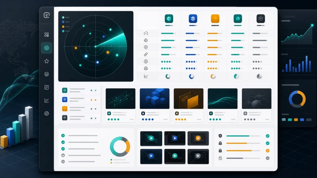 AI-generated editorial image of an AI launch radar dashboard with scorecard panels and evidence tiles