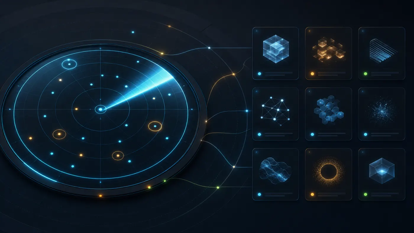 AI Launch Radar abstract dashboard showing new AI tools and product releases