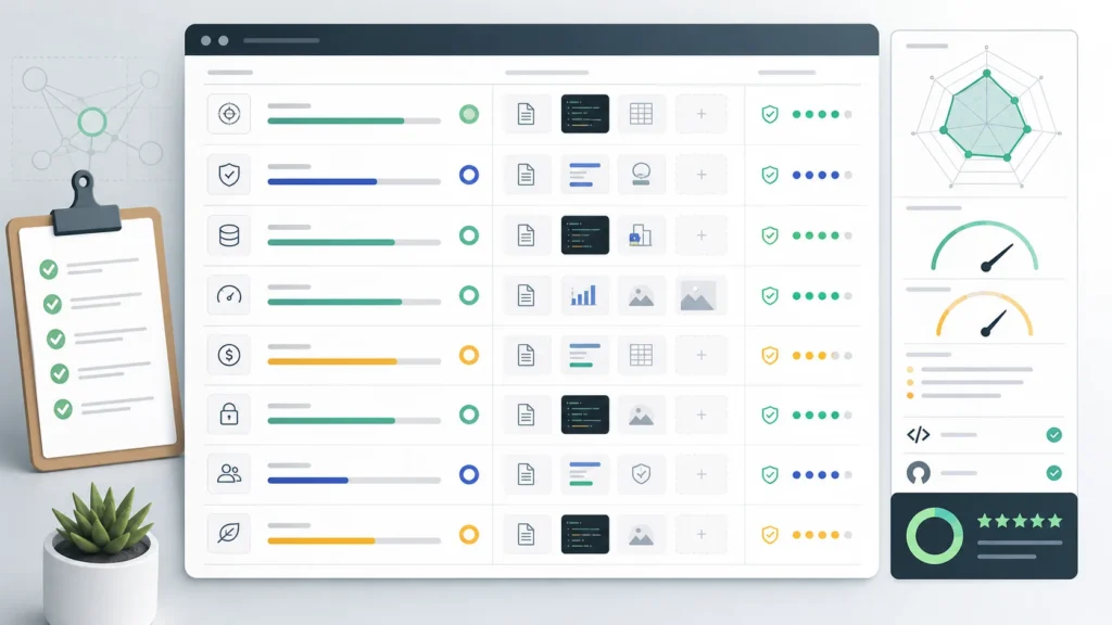 AI-generated editorial image of an AI tool scorecard interface with source, pricing, demo, API, and limitation checks