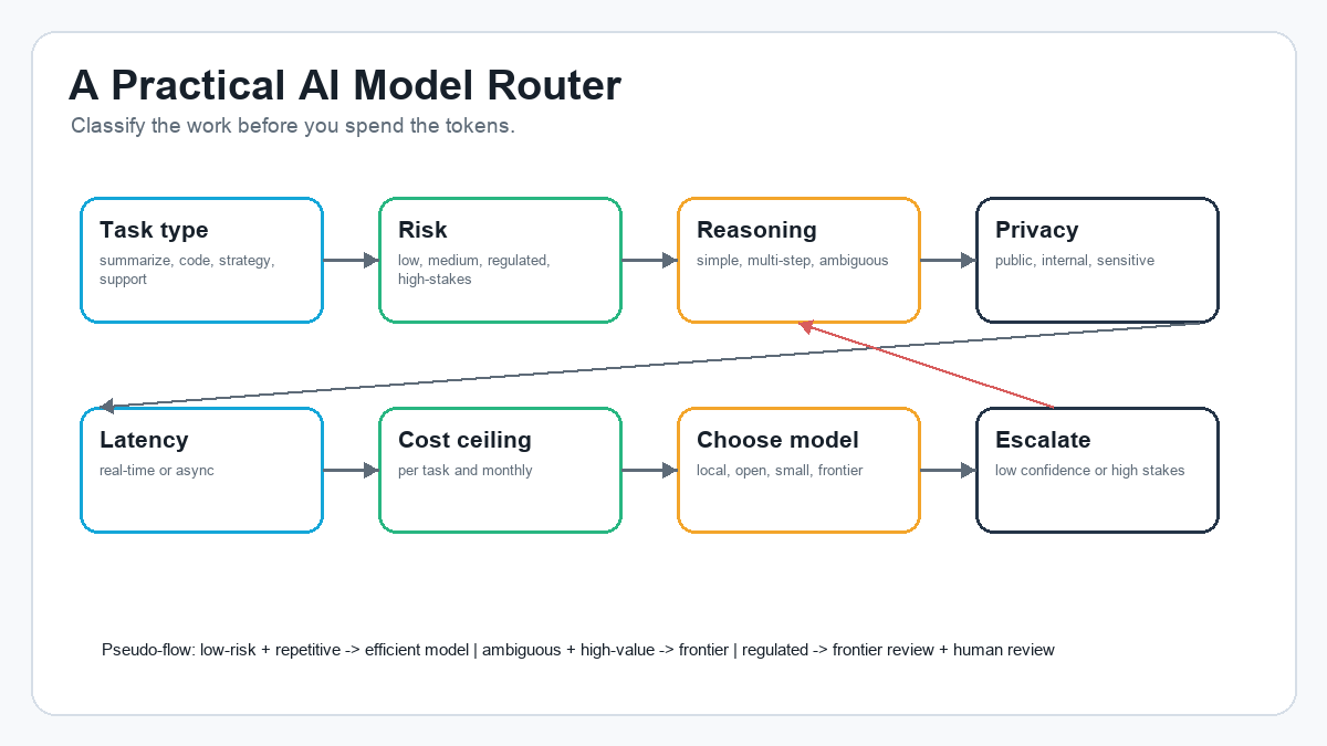 Decision flow chart for an AI model router classifying task type risk reasoning privacy latency and cost