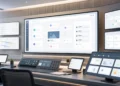 AI product demo control room with screens showing product workflows, demo storyboard frames, and launch checklist panels.