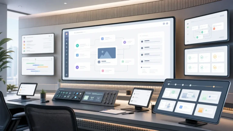 AI product demo control room with screens showing product workflows, demo storyboard frames, and launch checklist panels.