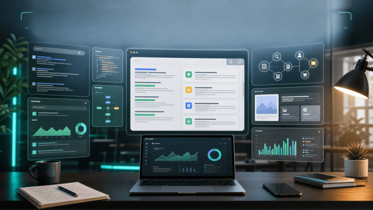 AI-generated editorial image showing an AI search visibility command center with citation cards, search panels, analytics charts, and agent workflow screens.