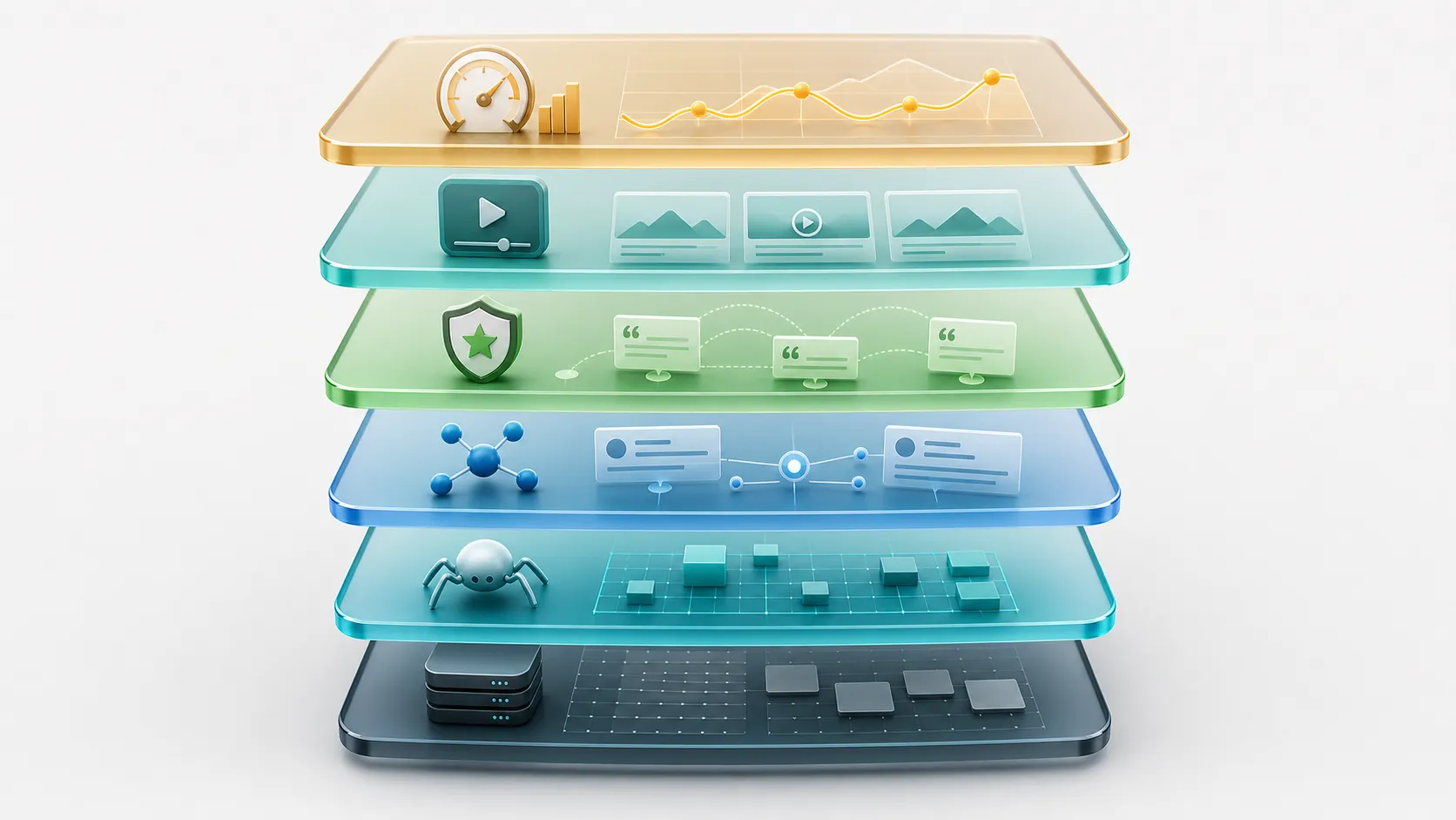 AI-generated layered diagram showing the AI search visibility stack from crawlability to entity clarity, source pages, third-party proof, demos, and measurement.