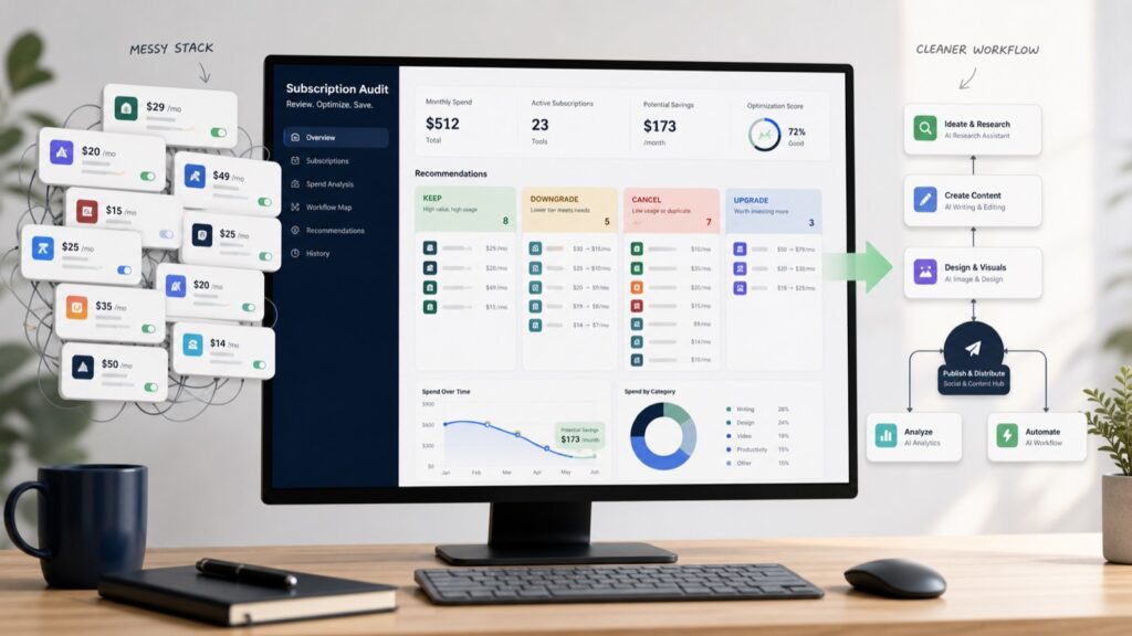 AI subscription audit dashboard showing messy tools organized into keep, downgrade, cancel, and upgrade lanes.