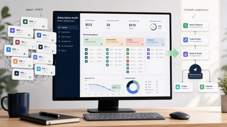 AI subscription audit dashboard showing messy tools organized into keep, downgrade, cancel, and upgrade lanes.