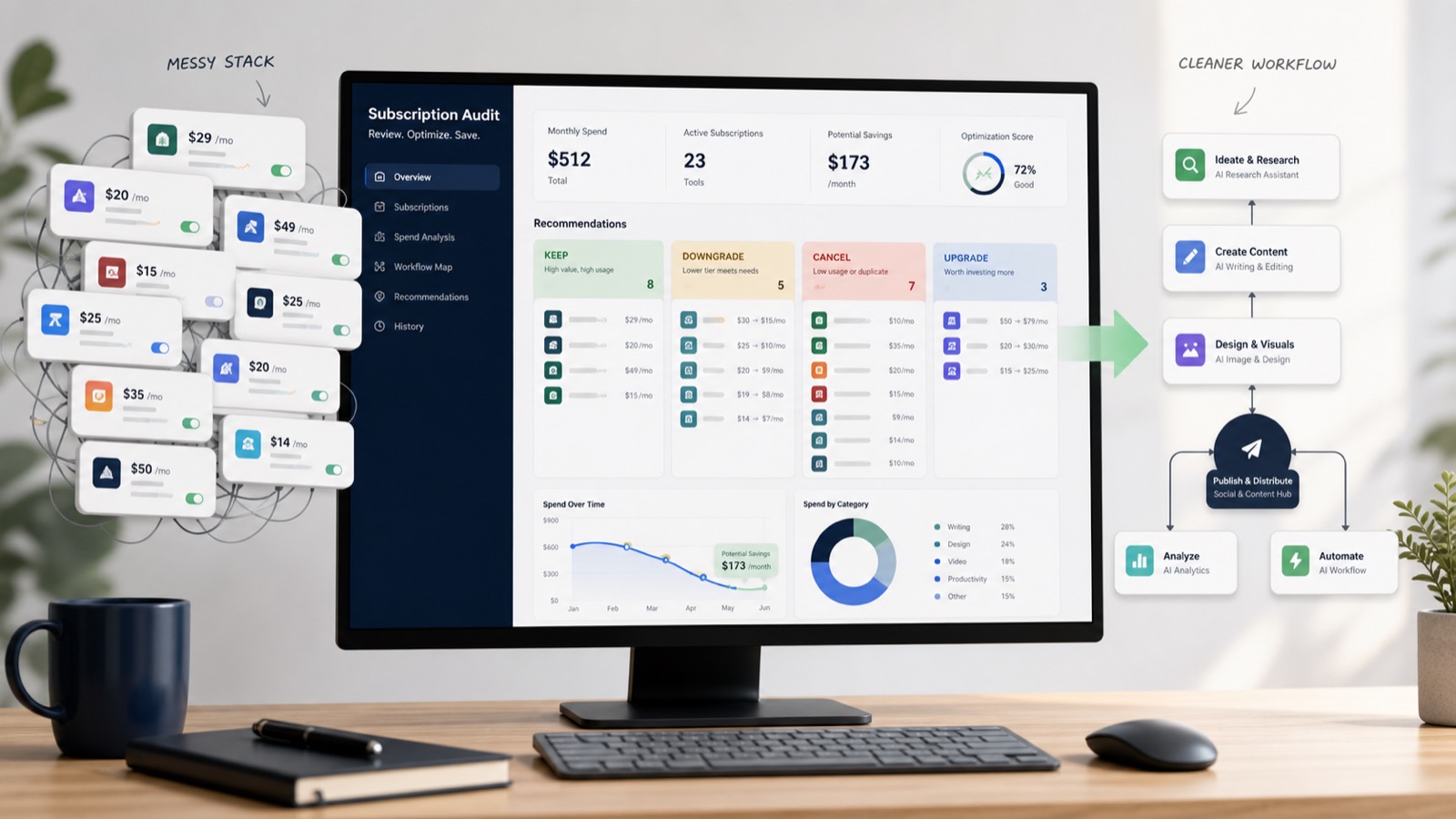 AI subscription audit dashboard showing messy tools organized into keep, downgrade, cancel, and upgrade lanes.