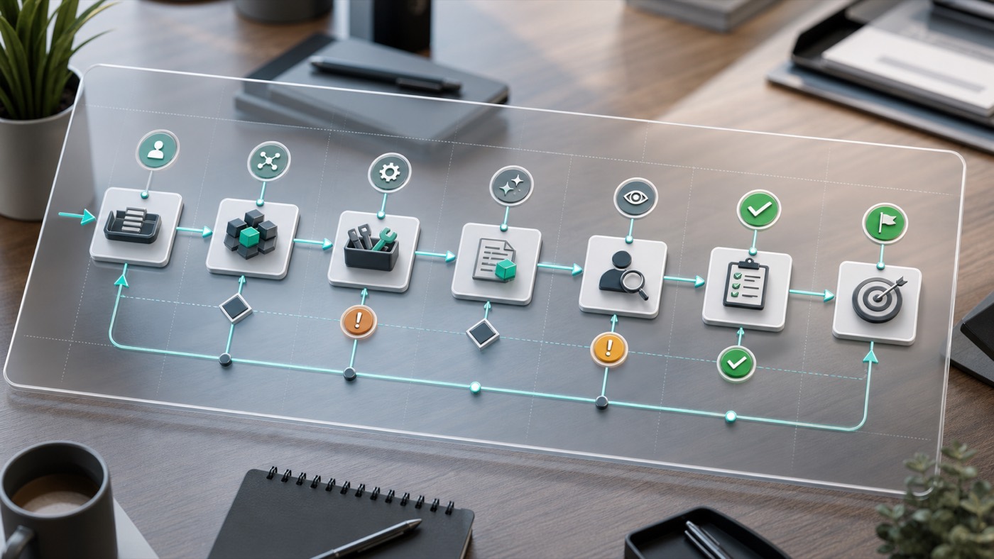 Simplified AI workflow map with sequential tool choices, review checkpoints, and business output stages.