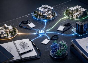 AI generated editorial image showing AI labs, researcher badges, compute infrastructure, protein structures, and IPO documents connected on a strategy table