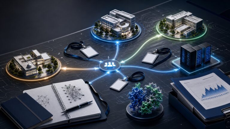 AI generated editorial image showing AI labs, researcher badges, compute infrastructure, protein structures, and IPO documents connected on a strategy table