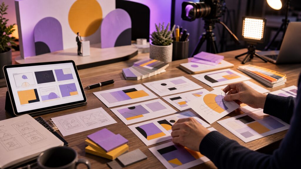 AI-generated editorial image showing a creator presentation workshop with abstract story cards, stage mockup, tablet, and lighting gear, with no readable text.