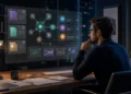 AI-generated editorial image of a professional orchestrating AI assistants, source cards, and verification signals in a modern workspace