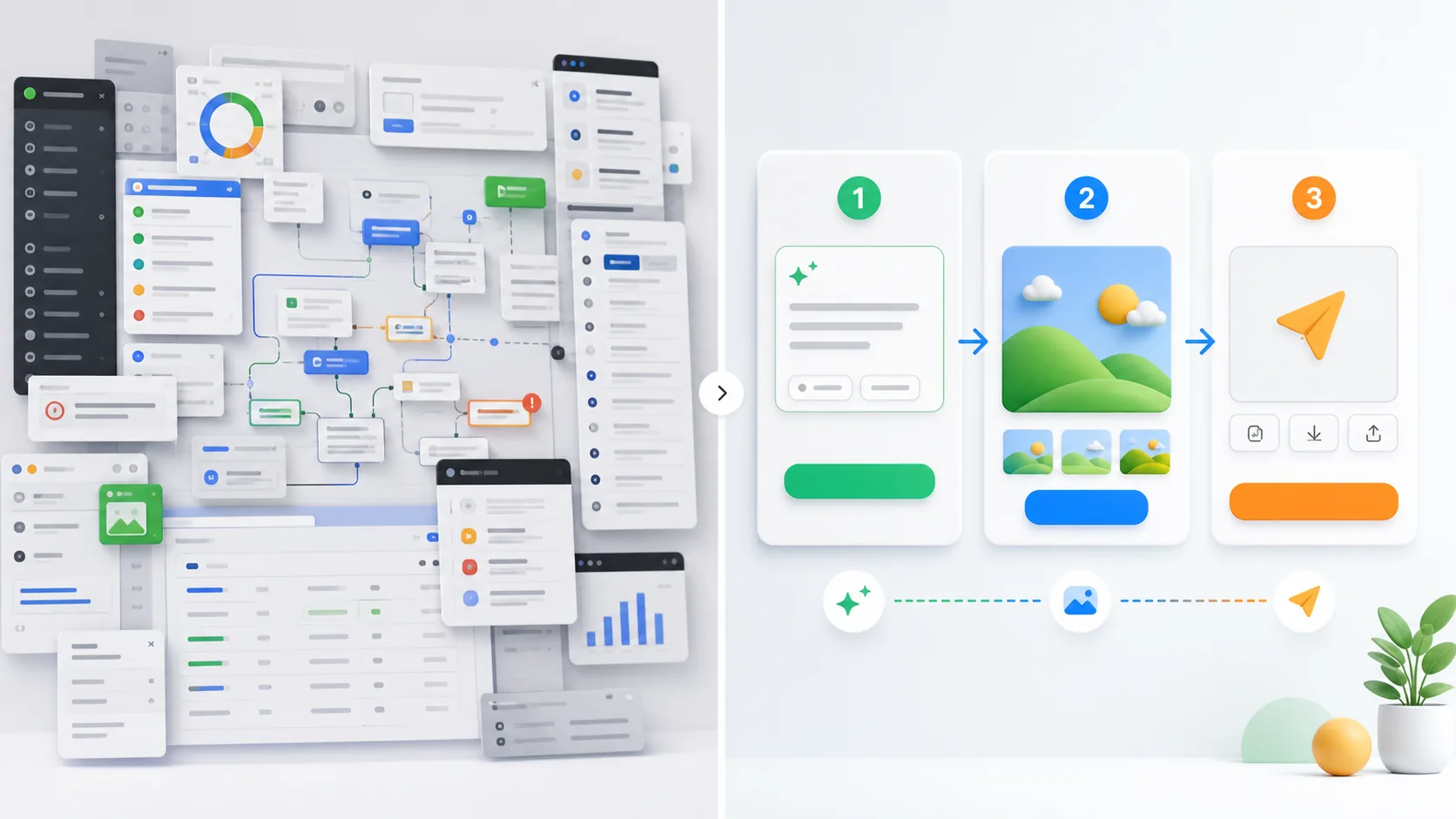 Split-screen before and after comparison showing a cluttered AI interface transformed into a simple three-step demo.