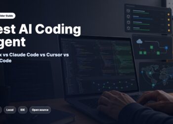 Editorial image of an AI coding agent workstation comparing remote, local, IDE, and open-source coding workflows.