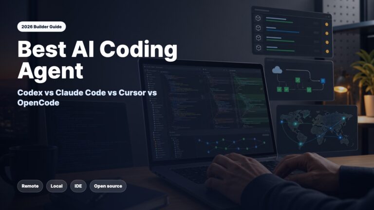 Editorial image of an AI coding agent workstation comparing remote, local, IDE, and open-source coding workflows.
