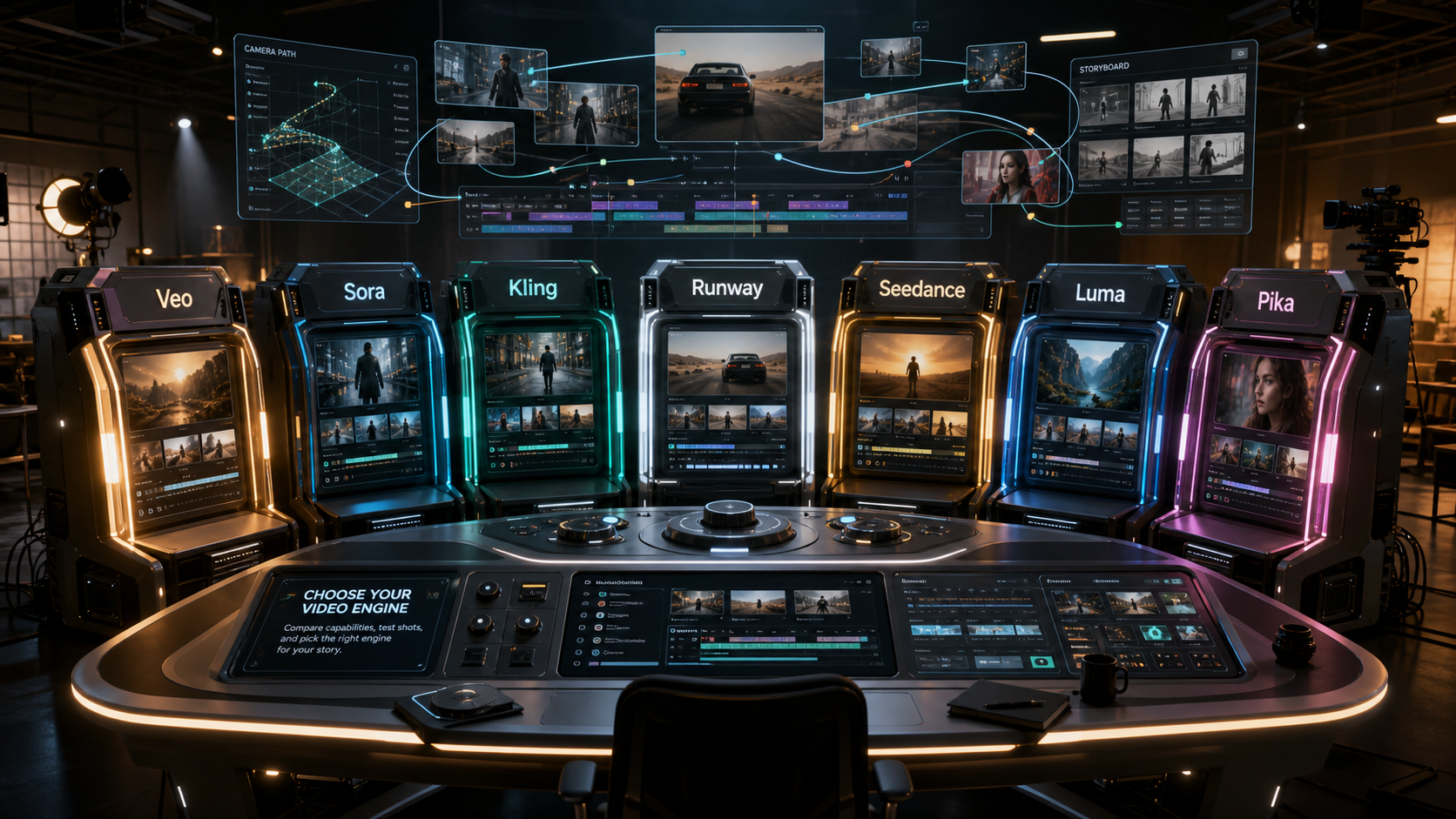 Editorial studio scene showing Veo, Sora, Kling, Runway, Seedance, Luma, and Pika as competing AI video generation engines.