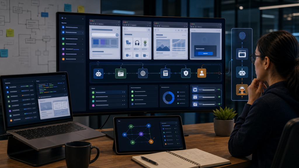 Editorial image of managed browser automation infrastructure for AI agents, web sessions, extraction, and human handoff.