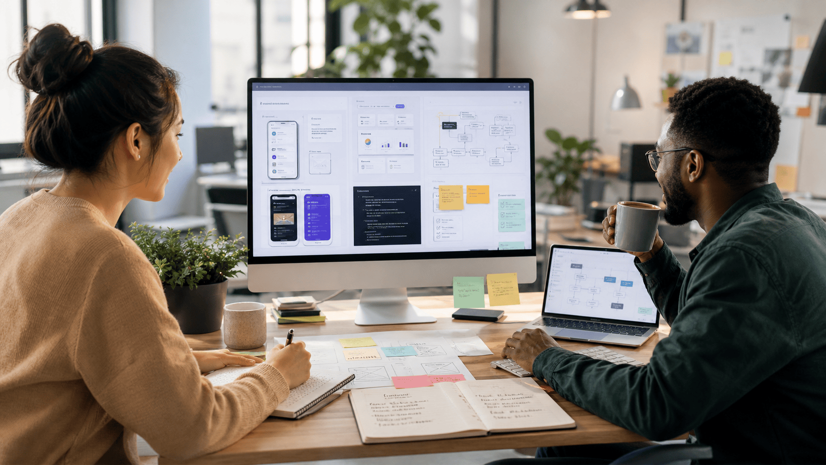 Creators planning an AI-built app on a desktop monitor