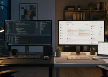 Two professional AI coding workstations showing terminal and cloud agent workflows side by side