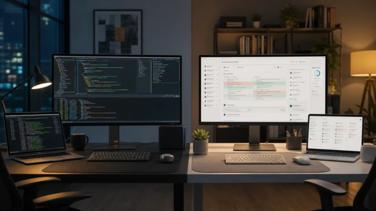 Two professional AI coding workstations showing terminal and cloud agent workflows side by side